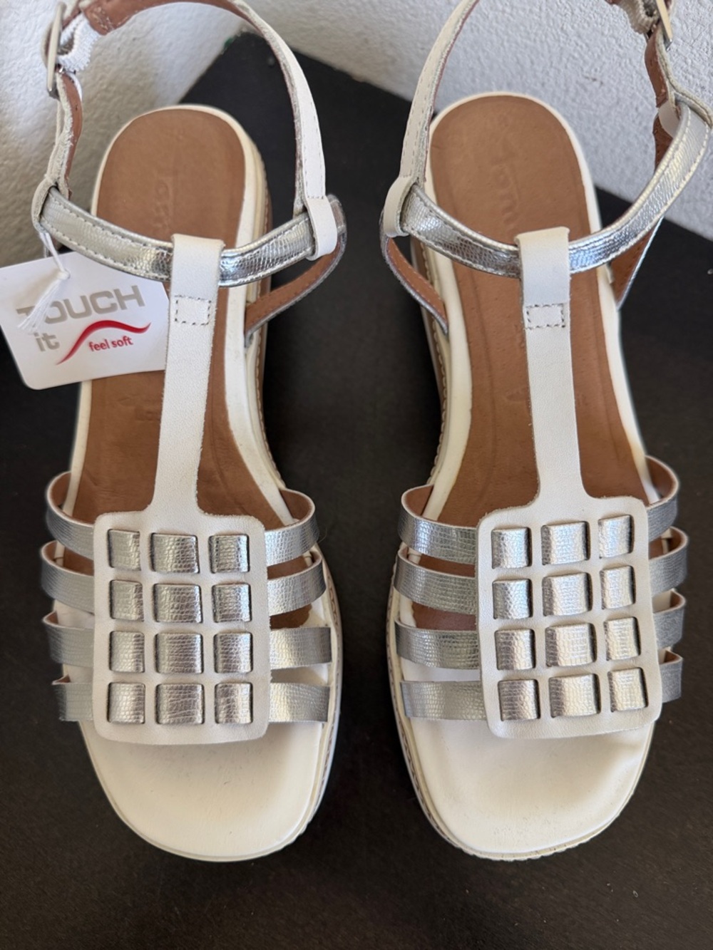 NWT Touch It Women's Wedge White and Silver T-Strap Comfort Sandals.